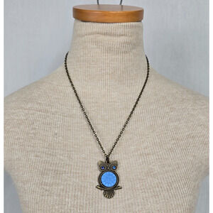 Czech Glass Pendant Necklace 20" Owl Blue & Bronze